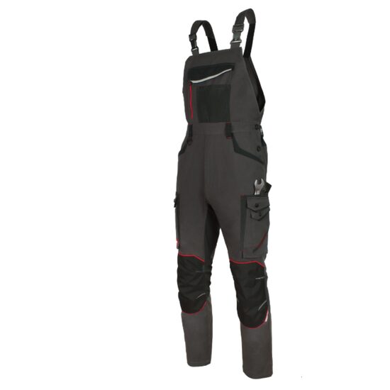 Pantaloni cu pieptar 260 gsm, Professional 4Dynamic stretch, negru-gri-rosu