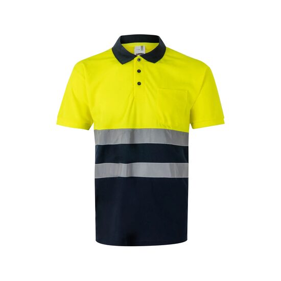 Tricou polo reflectorizant cu maneca scurta, 140gsm, 305504, bleumarin-galben neon