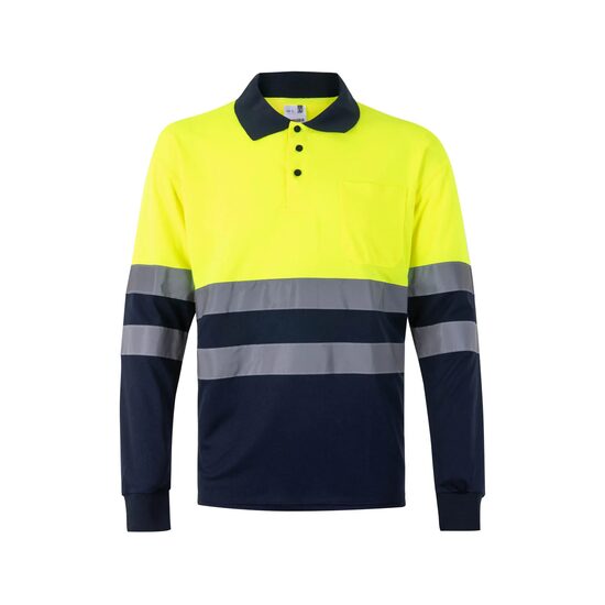 Tricou polo reflectorizant cu maneca lunga, 140gsm, bleumarin-galben neon