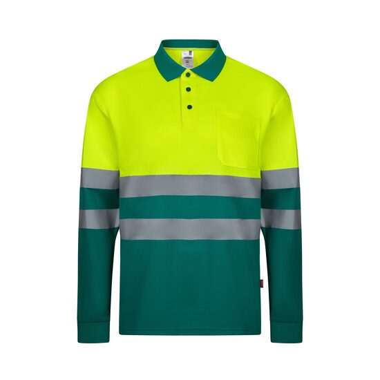 Tricou polo reflectorizant cu maneca lunga 140gsm, verde-galben neon