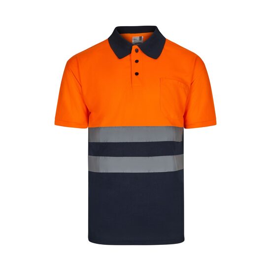 Tricou polo reflectorizant cu maneca scurta, 140gsm, 300504, portocaliu-bleumarin,
