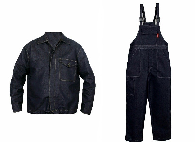 Costum de lucru din denim, jacheta si salopeta cu pieptar, bleumarin