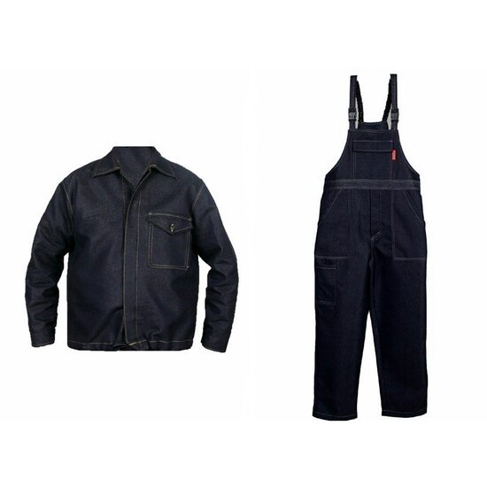 Costum de lucru din denim, jacheta si salopeta cu pieptar, bleumarin