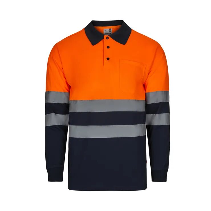Tricou polo reflectorizant cu maneca lunga 140gsm, bleumarin-portocaliu neon