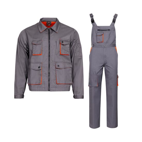 Costum de lucru jacheta si pantaloni cu pieptar, cargo Desman, 235 gsm, gri-portocaliu