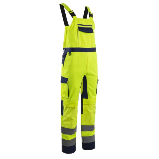 Pantaloni de lucru cu pieptar reflectorizanti, Hibana, galben neon-bleumarin, unisex
