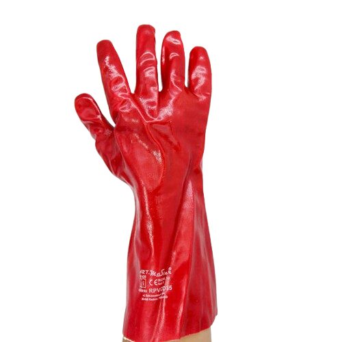 Manusi de protectie chimica, pe suport textil, PVC, rosu