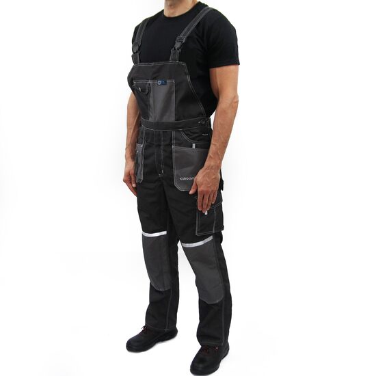 Pantaloni de lucru din tercot cu pieptar, insertii reflectorizante, 270 gsm, EuroClassic, gri-negru