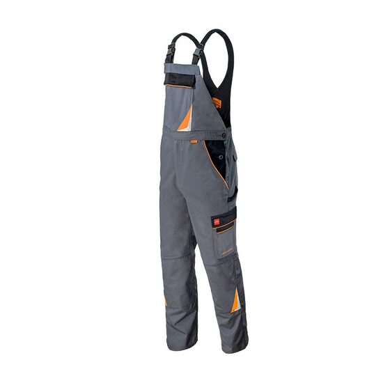 Pantaloni de lucru din tercot cu pieptar, 320 gsm, Professional, gri cu insertii negre si portocalii