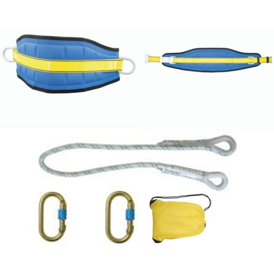 Centura de pozitionare, protectie lombara,1 franghie 1.5m cu 2 ocheti si 2 carabine, Pirineos, albastru-galben